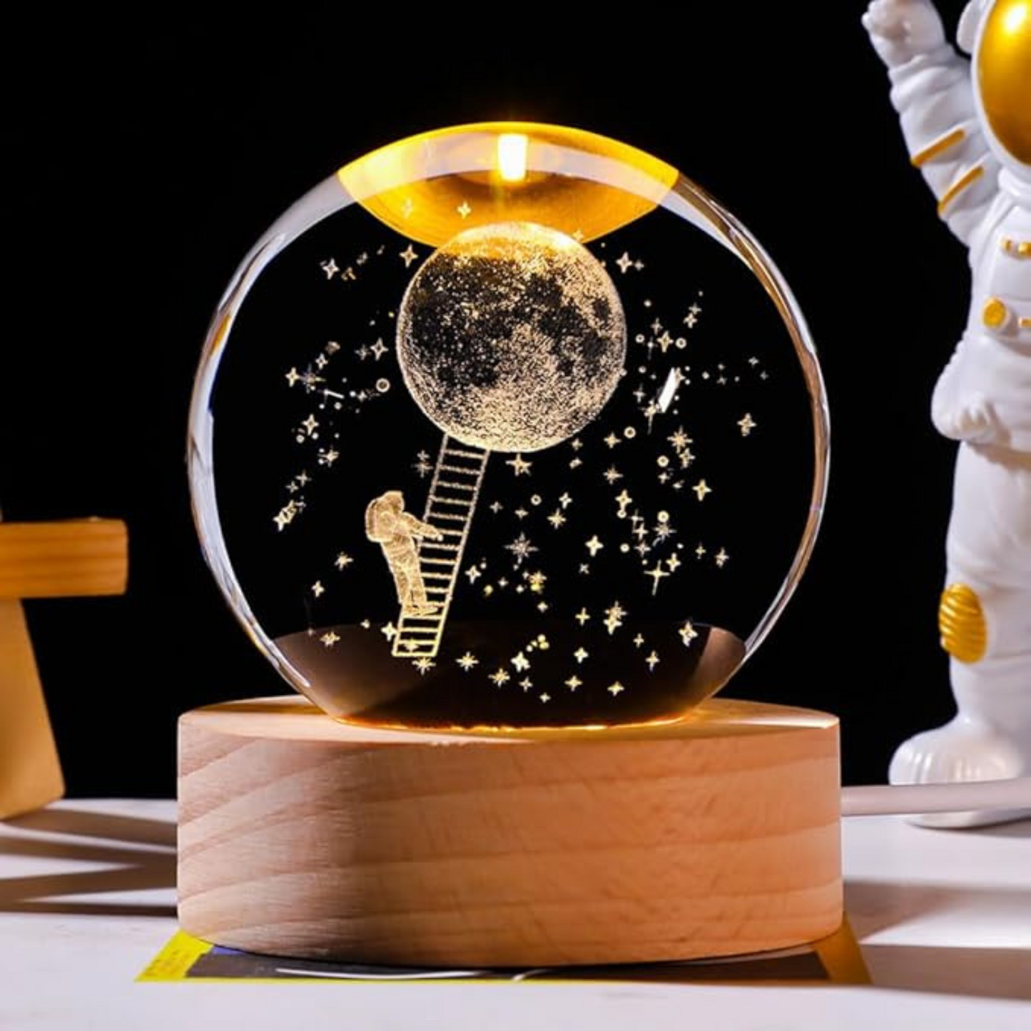 Luz Noche Bola de Cristal Grande 10cm con Imagen 3D y Base de Madera: Iluminación LED