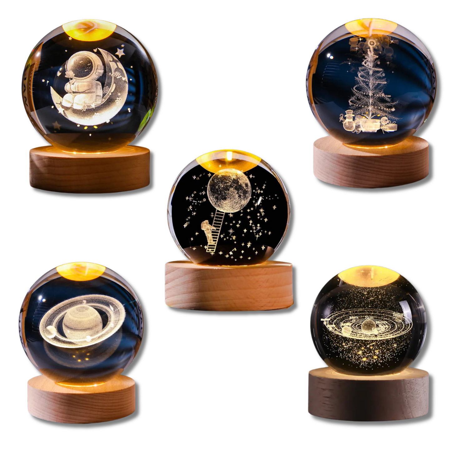 Luz Noche Bola de Cristal Grande 10cm con Imagen 3D y Base de Madera: Iluminación LED