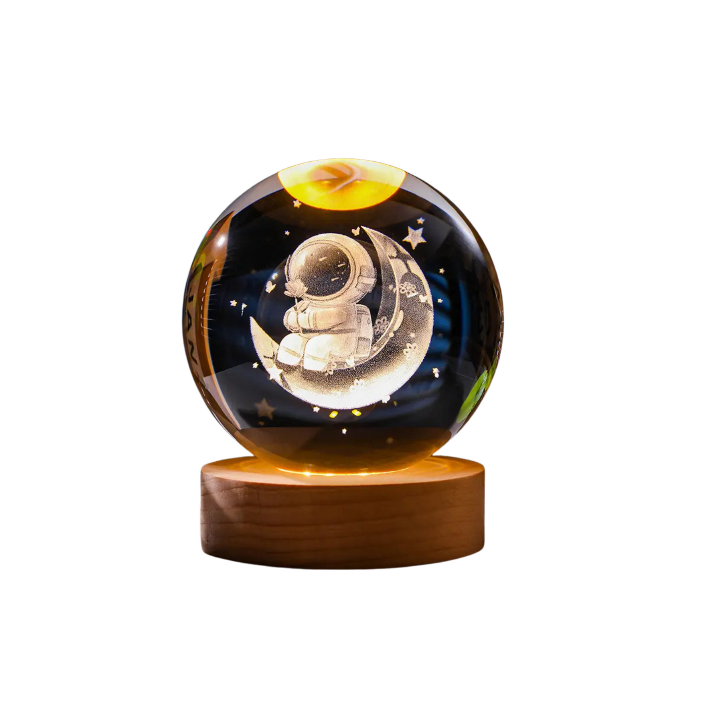 Luz Noche Bola de Cristal Grande 10cm con Imagen 3D y Base de Madera: Iluminación LED