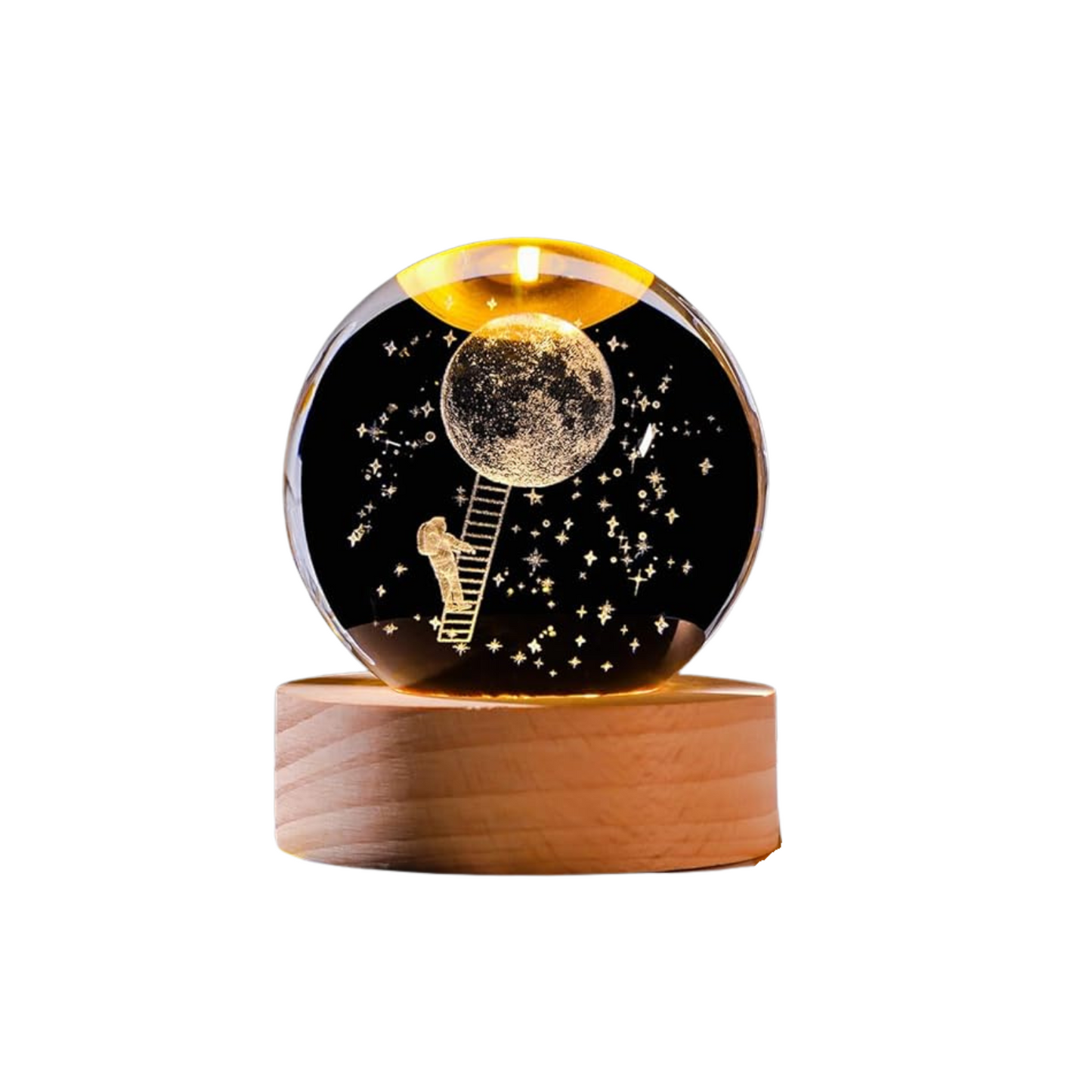 Luz Noche Bola de Cristal Grande 10cm con Imagen 3D y Base de Madera: Iluminación LED
