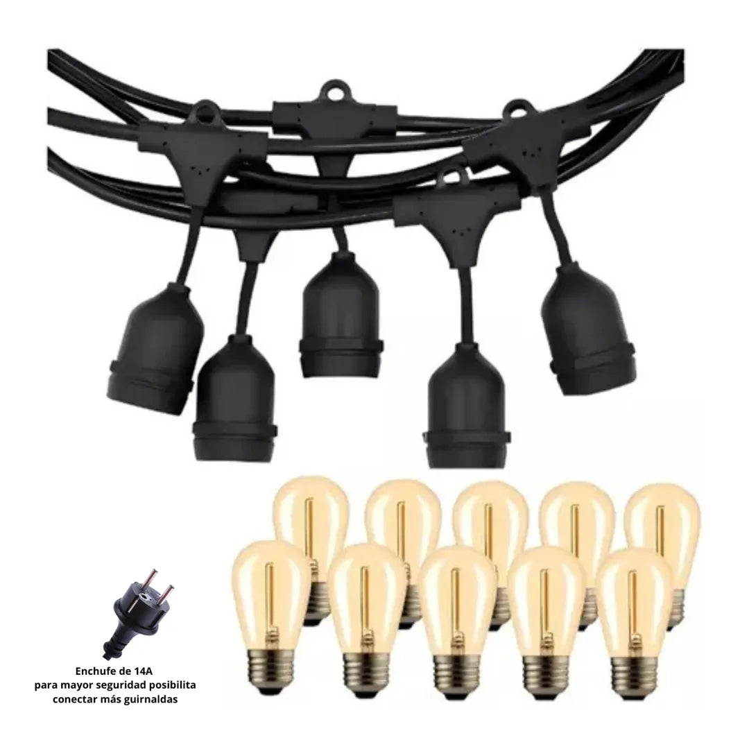 Guirnalda Luces Led Ampolletas E27 Incluidas 10m Decorativas Luces Cálida