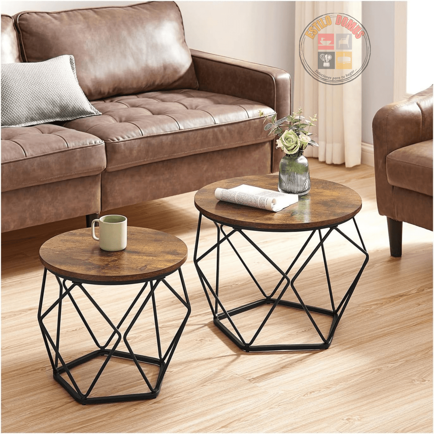 Set Dos Mesas de Centro Redondas Madera y Metal