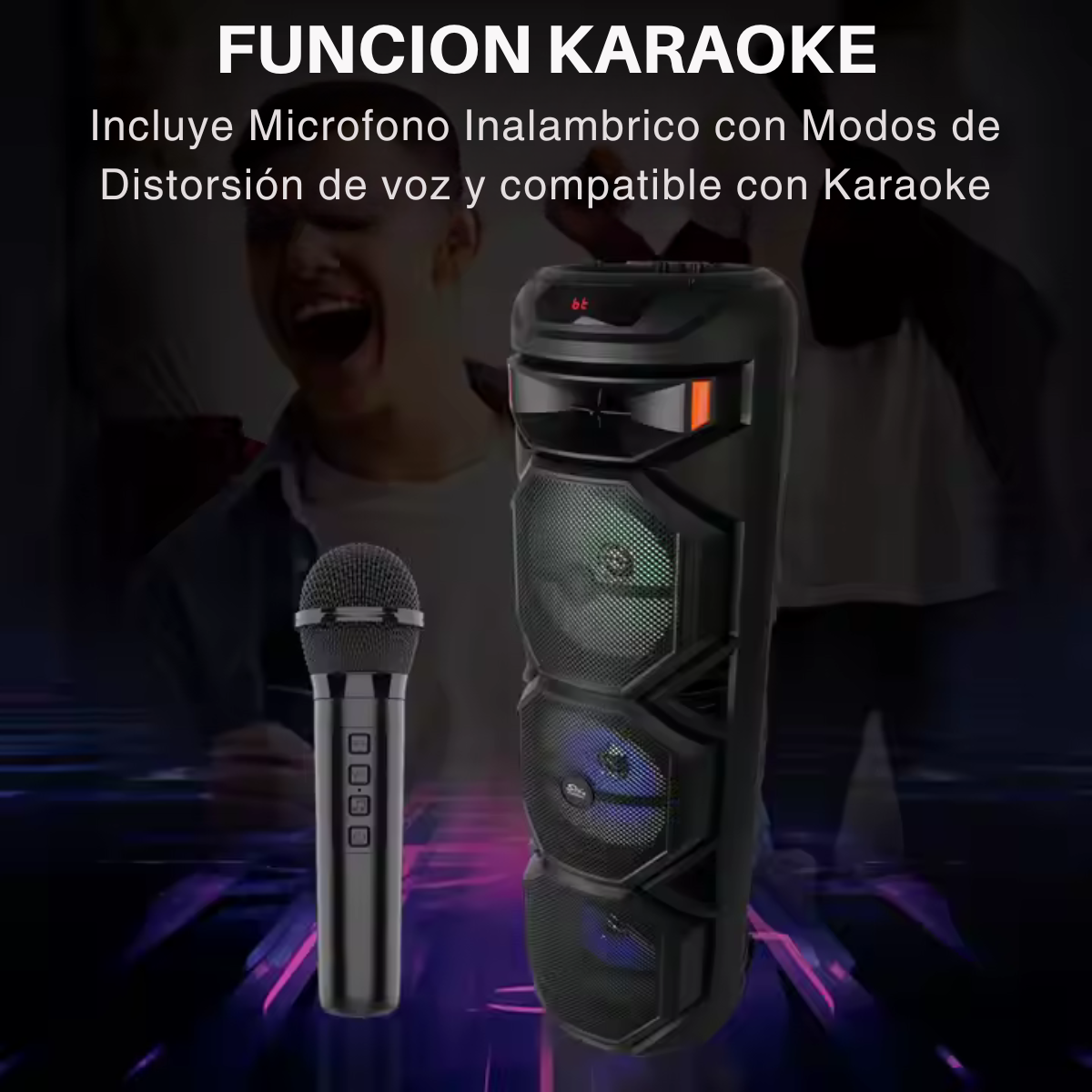 Parlante Karaoke Bluetooth 8in x3 60W con Luces RGB