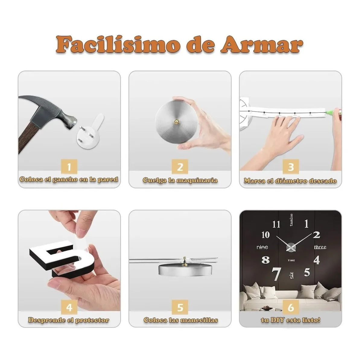 Reloj de Pared 3D DIY Números Grandes Negros