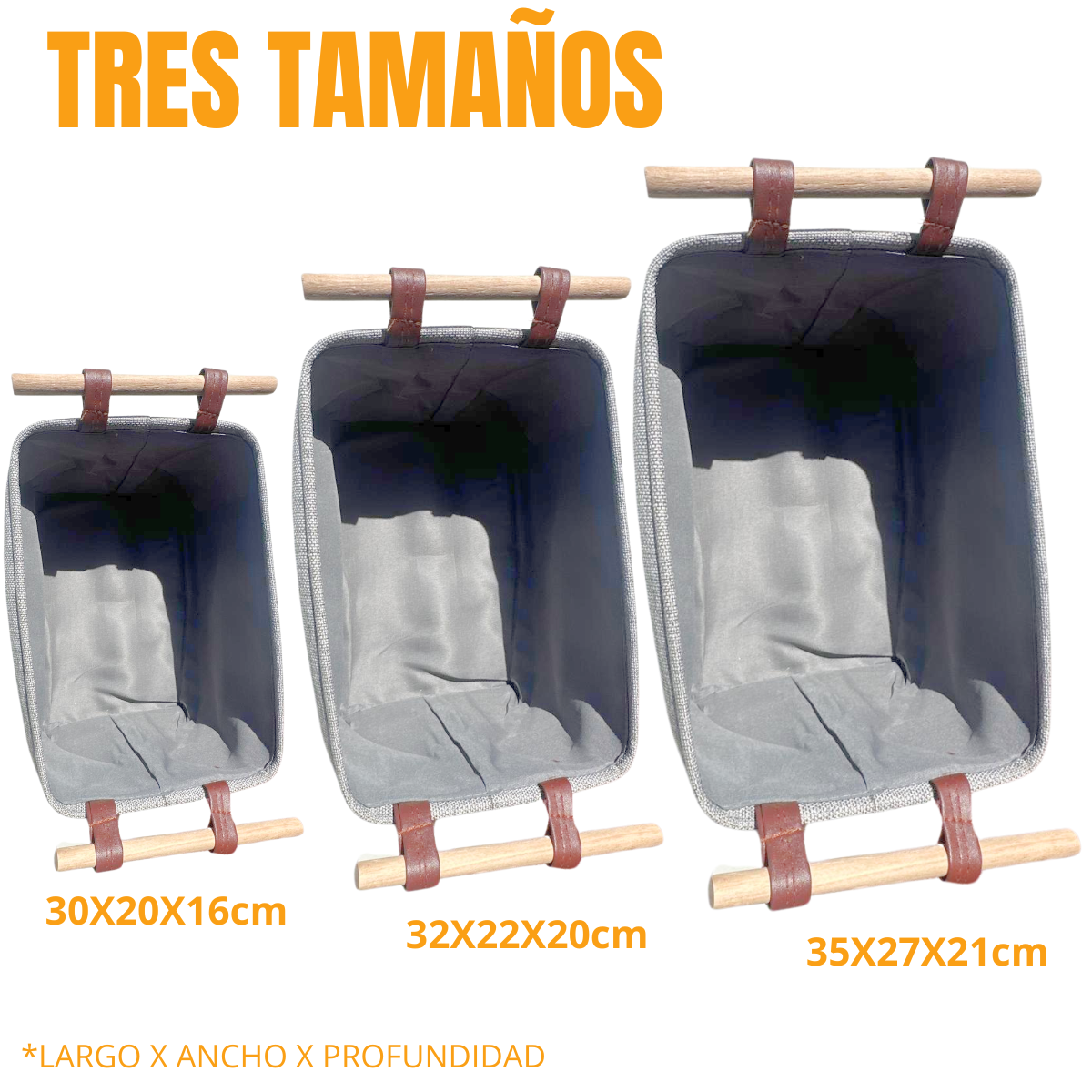 Set 3 Cestas Organizadoras para ropa o accesorios con asas de madera