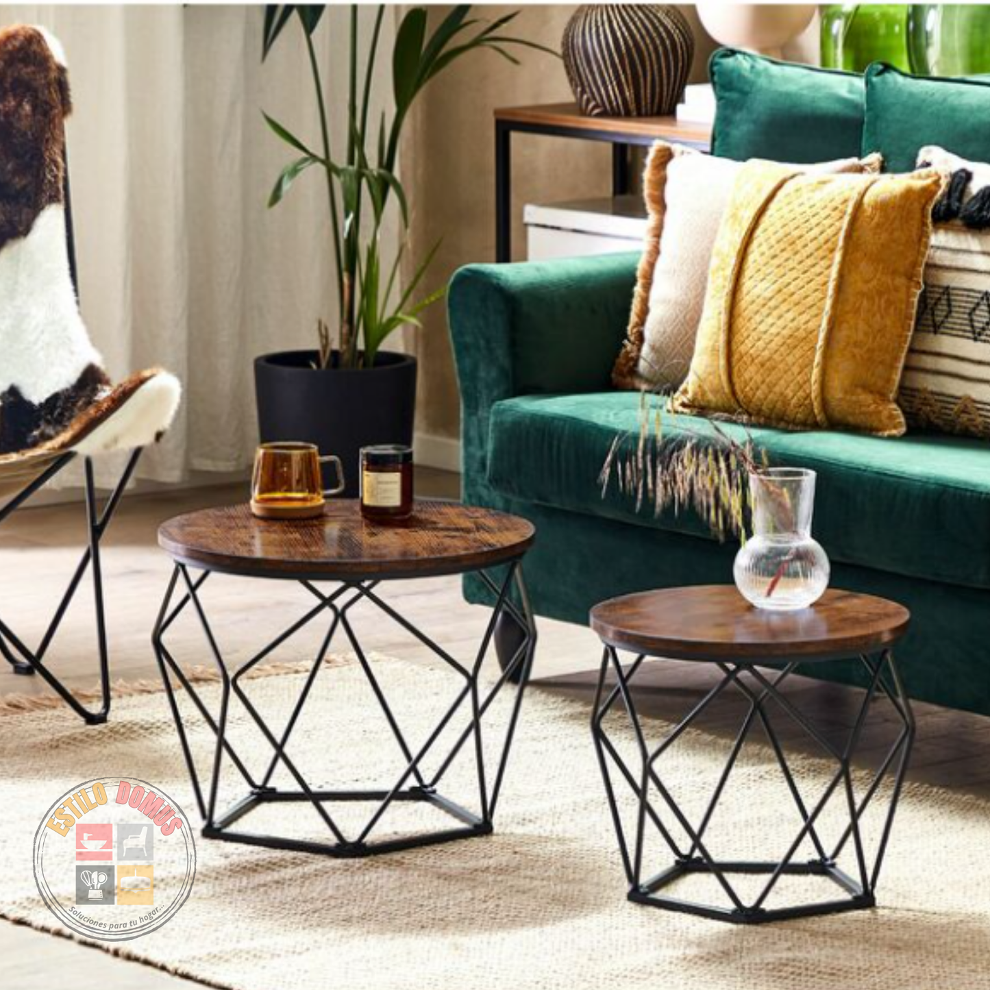 Set 2 Mesas Centro Decorativas Madera y Metal Hexagonal