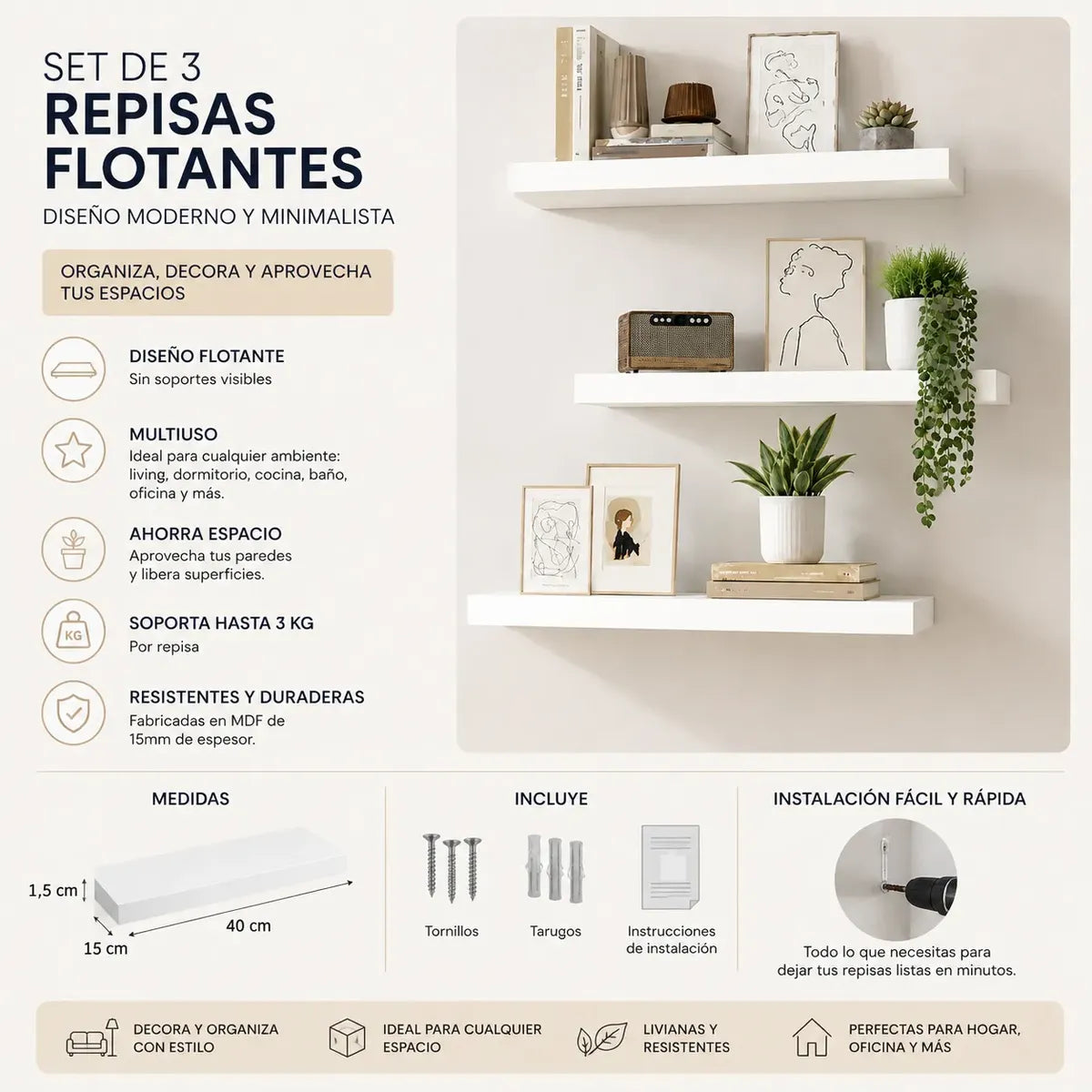 Repisas Flotantes Para Pared 40x15cm – Diseño Moderno y Minimalista