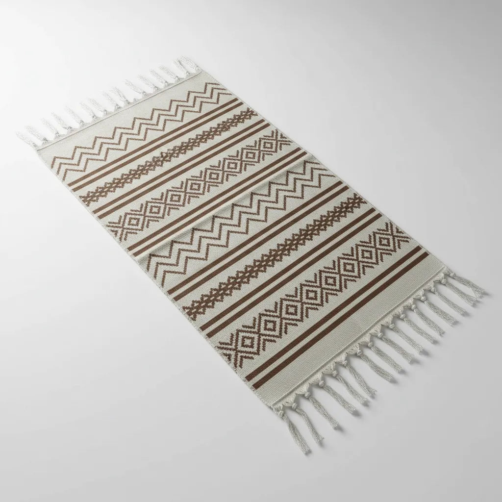 Alfombra decorativa boho de 90x59cm – detalle de terminaciones