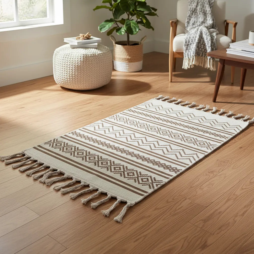 Alfombra decorativa boho de 90x59cm – en uso en el hogar