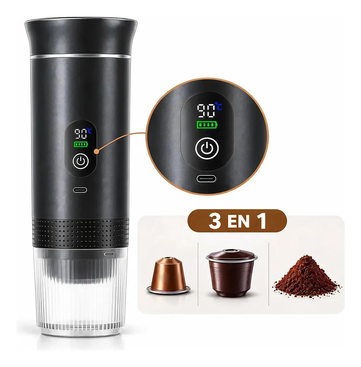 Cafetera Espresso Portátil 3 en 1 – Calienta y Extrae Automáticamente