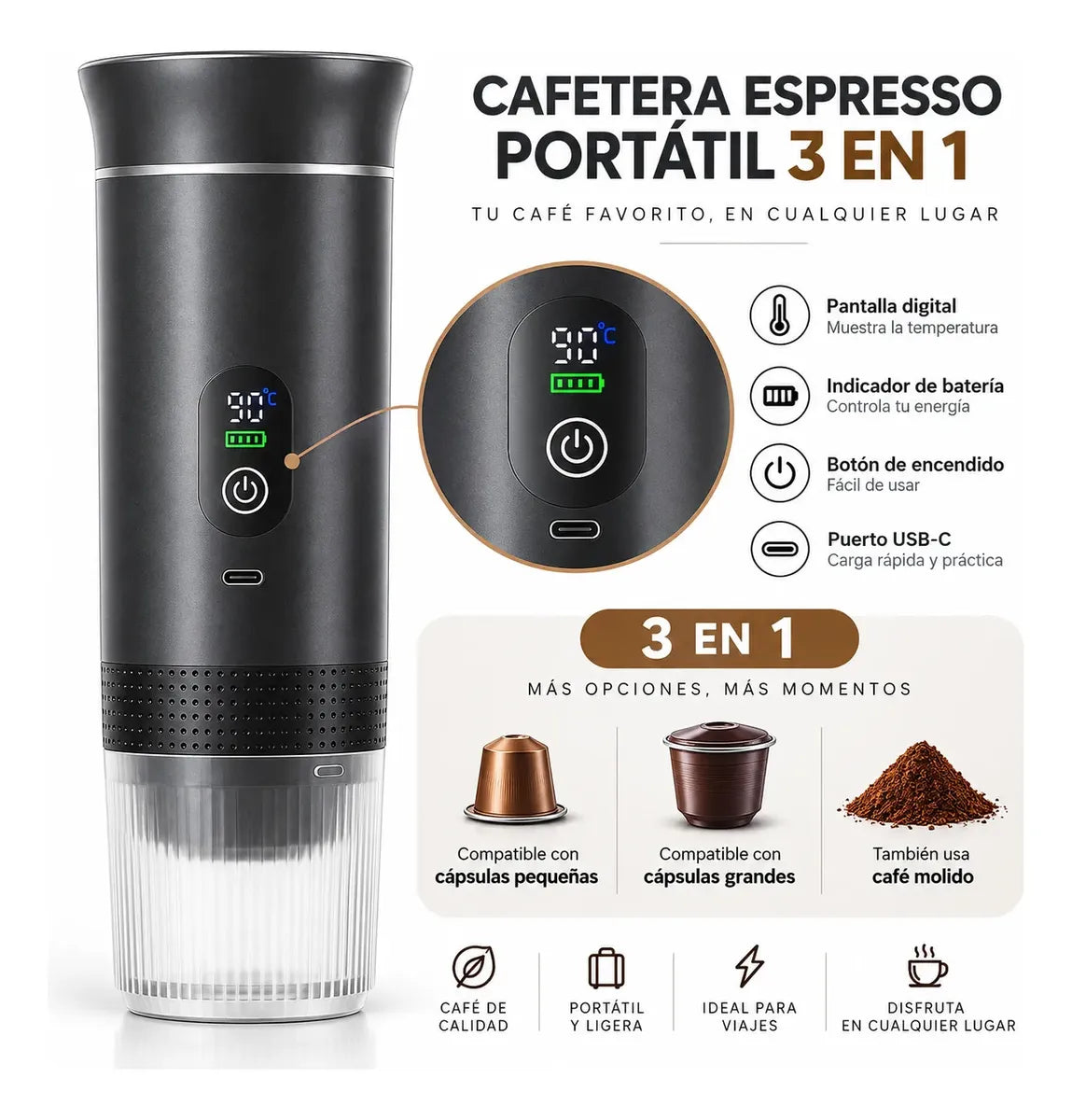 Cafetera Espresso Portátil 3 en 1 – Calienta y Extrae Automáticamente