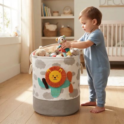 Canasto organizador infantil con diseño de león o dinosaurios – vista lateral