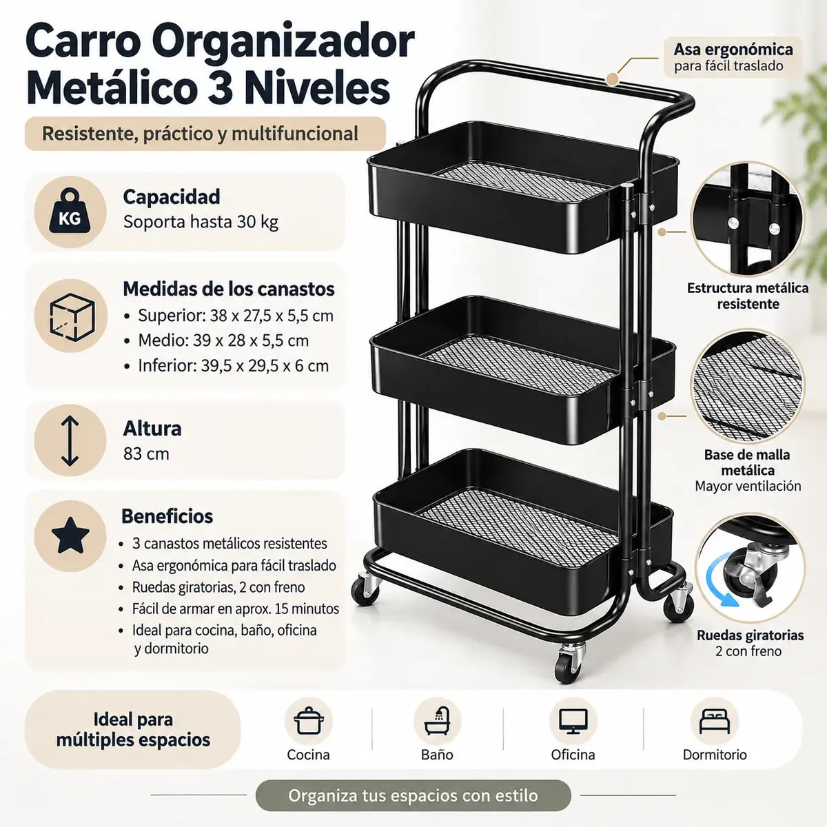 Carrito Organizador Metálico 3 Niveles con Ruedas y Asa – Multiuso