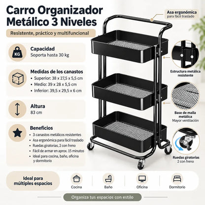 Carrito Organizador Metálico 3 Niveles con Ruedas y Asa – Multiuso