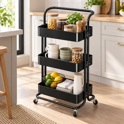 Carrito Organizador Metálico 3 Niveles con Ruedas y Asa – Multiuso
