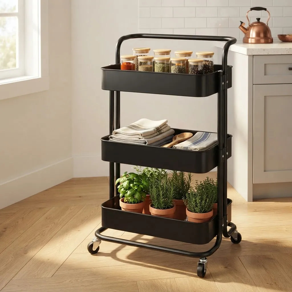 Carrito Organizador Metálico 3 Niveles con Ruedas y Asa – Multiuso