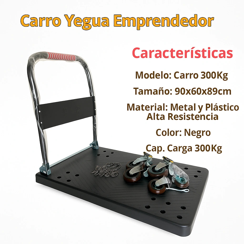Carro Carga Yegua Plegable Plataforma Grande 300 Kg 4 Ruedas EstiloDomus