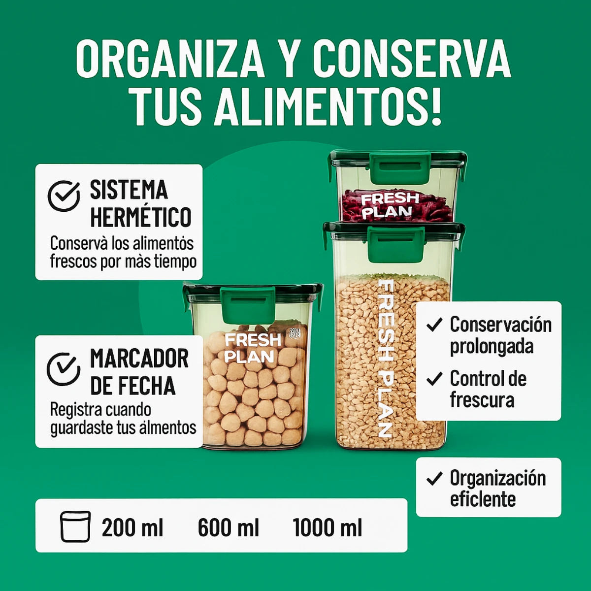 Set 3 Contenedores Herméticos con Marcador de Fecha Pequeño 200ml, 600ml y 1000ml