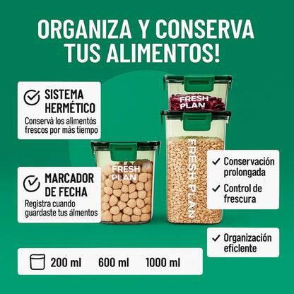 Set 3 Contenedores Herméticos con Marcador de Fecha Pequeño 200ml, 600ml y 1000ml