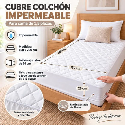 Protector de Colchón Impermeable 2 Plazas 150 x 200 cm con Faldón Ajustable Bambú