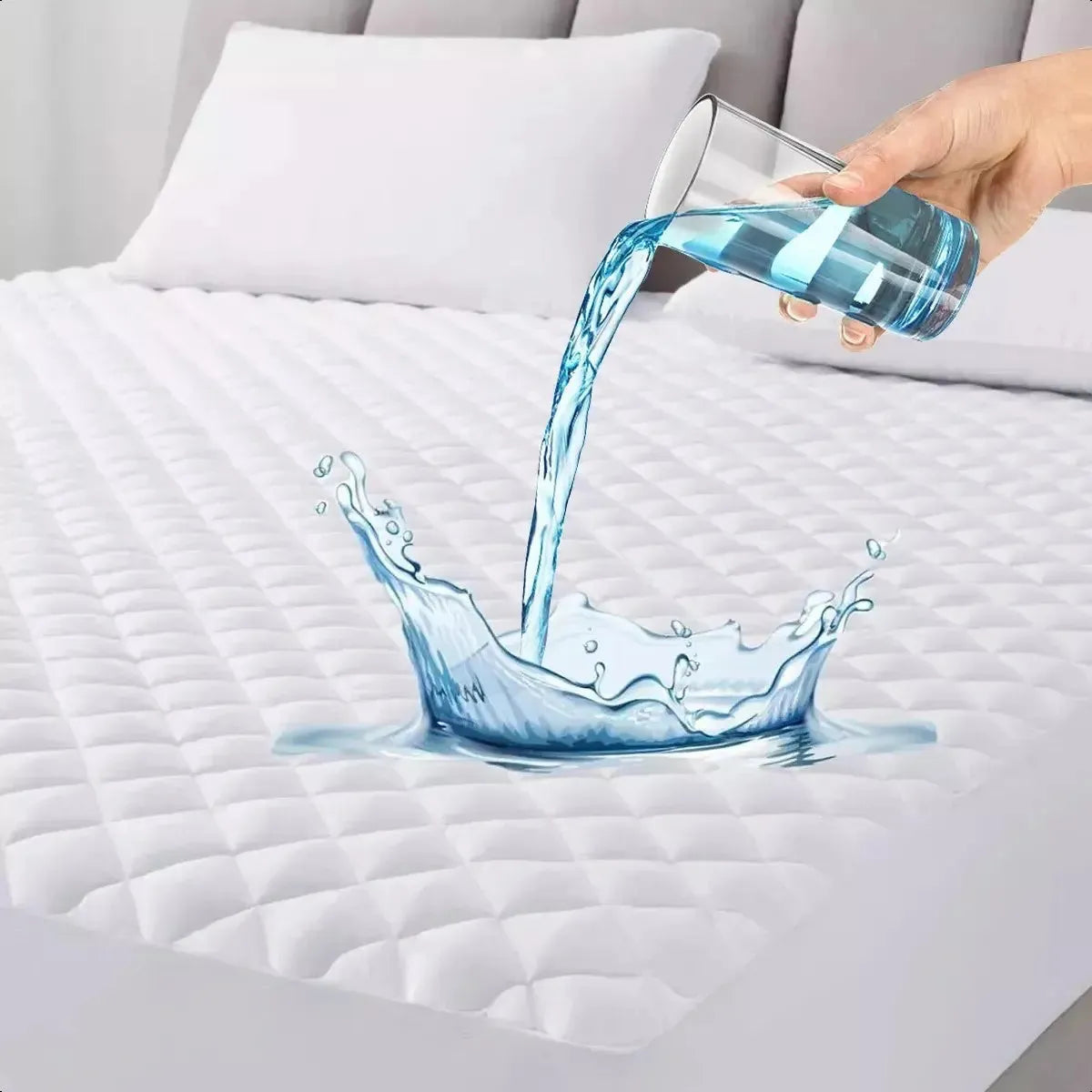 Protector de Colchón Impermeable 2 Plazas 150 x 200 cm con Faldón Ajustable Bambú