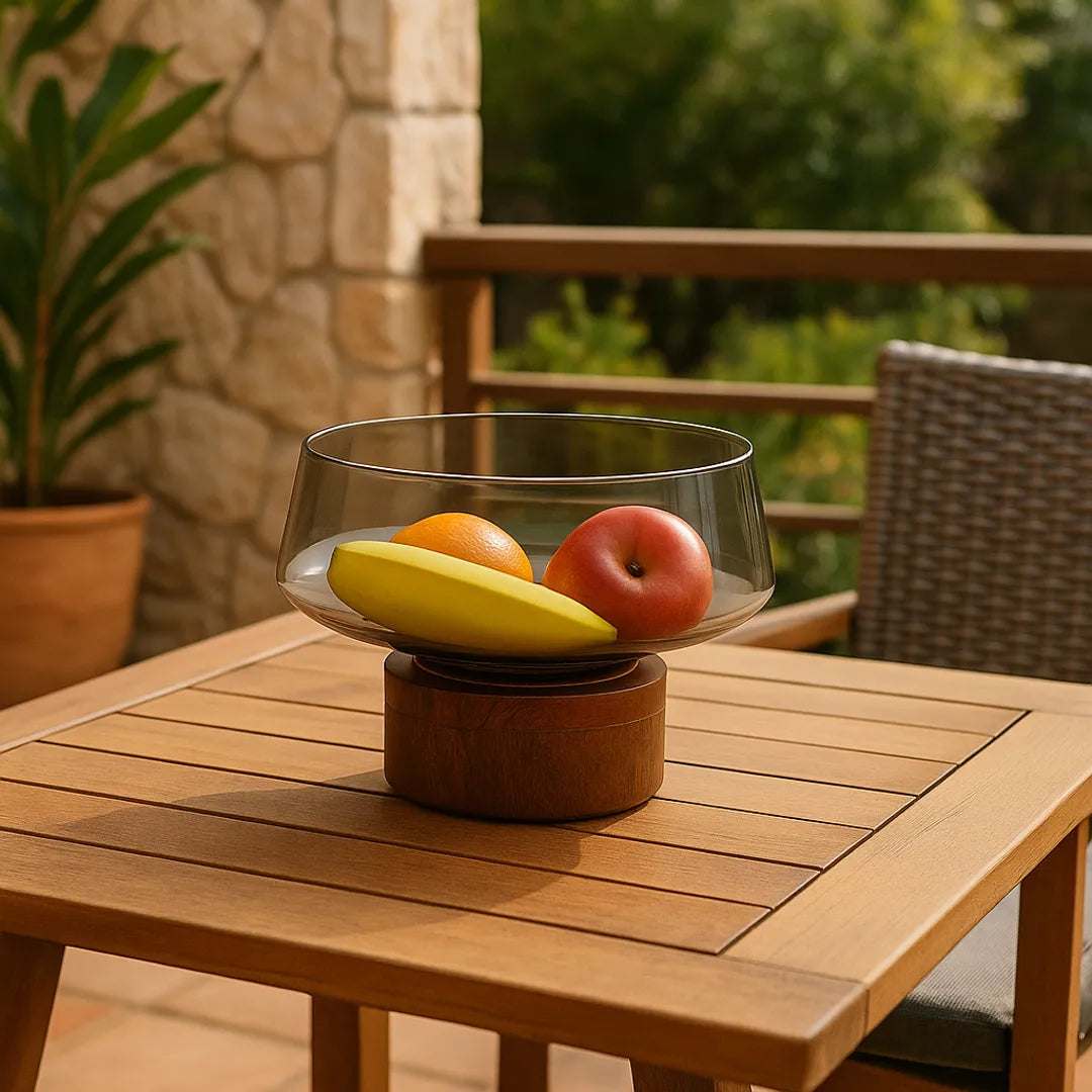 Cuenco Decorativo Grande de Vidrio y Madera – Elegancia Natural para tu Hogar