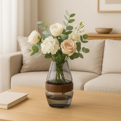 Floreros Decorativos de Vidrio y Madera Grande 30cm – Estilo Natural y Elegante para tu Hogar