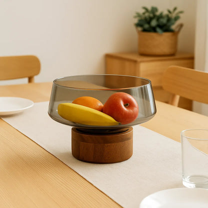 Cuenco Decorativo Grande de Vidrio y Madera – Elegancia Natural para tu Hogar