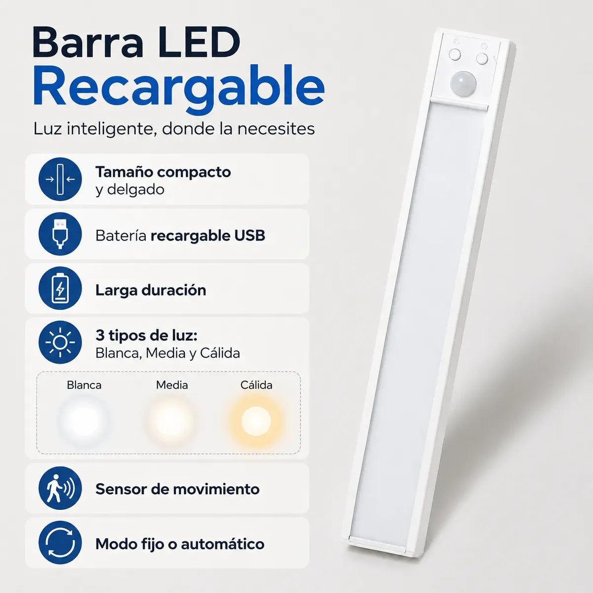 Barra LED con Sensor de Movimiento 30 cm – Recargable USB e Inalámbrica