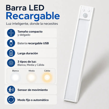 Barra LED con Sensor de Movimiento 30 cm – Recargable USB e Inalámbrica
