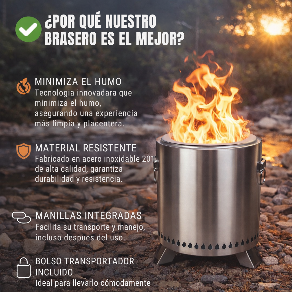 Brasero Sin Humo Grande 47cm, con Manillas y Bolsa Transportadora