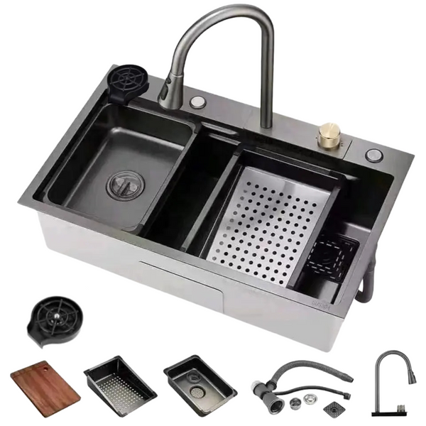 Lavaplatos Empotrado 75×45 Acero Inoxidable Con Llave De Cascada Extraíble + Accesorios Kit Completo Dos Colores