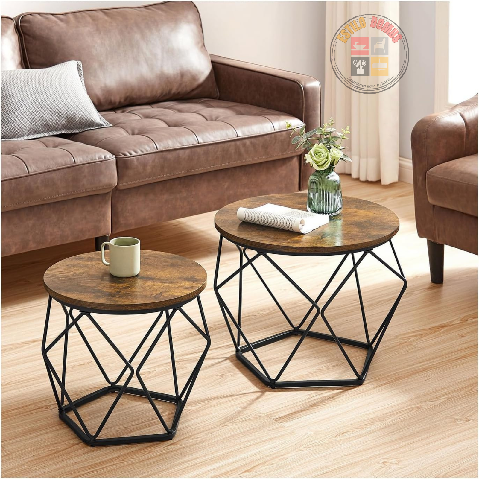 Set 2 Mesas Centro Decorativas Madera y Metal Hexagonal Funcionales