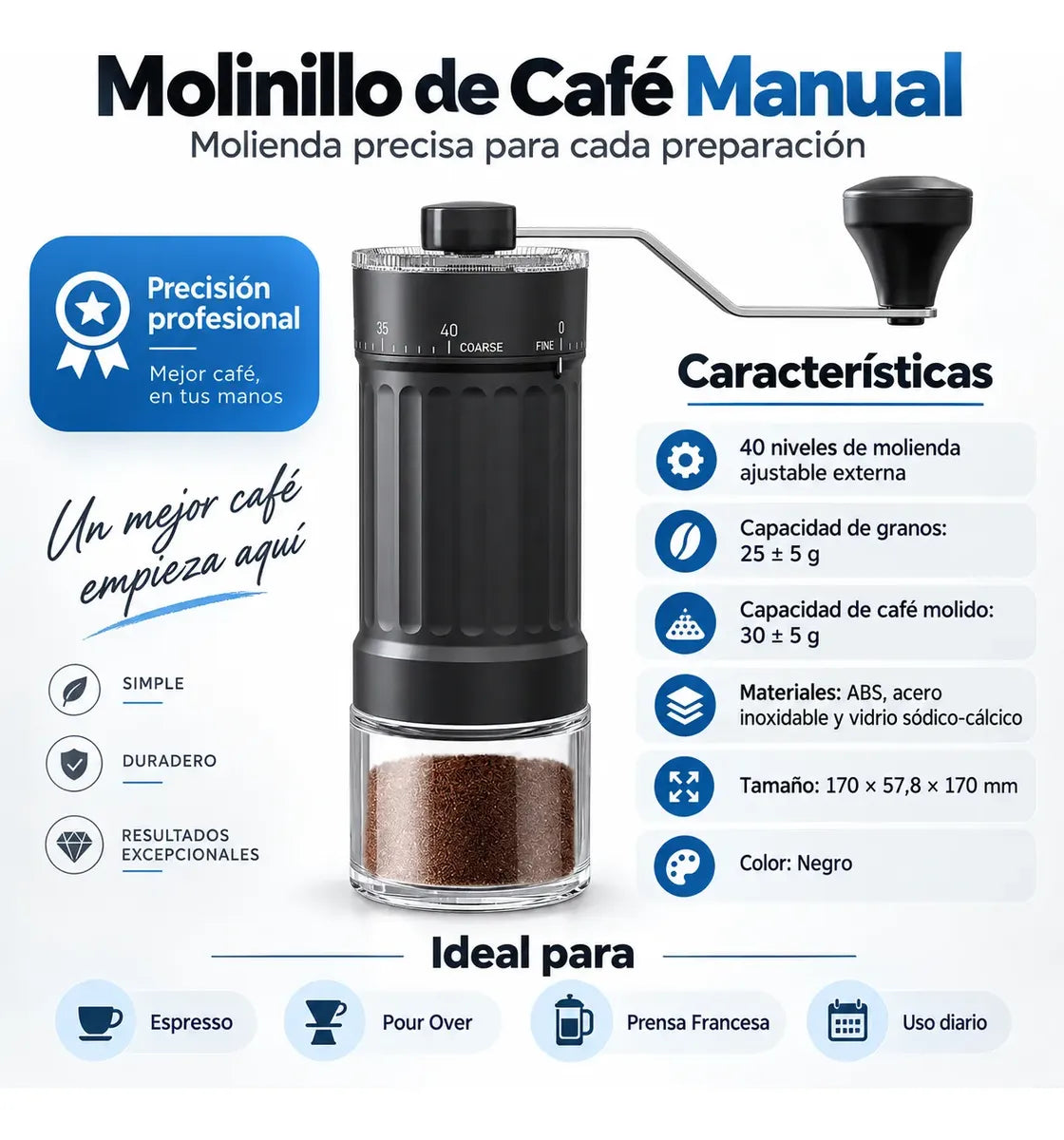 Molinillo de Café Manual con 40 Niveles de Molienda – Muelas Cónicas de Cerámica