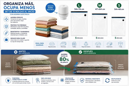Set 15 Bolsas al Vacío para Ropa con Bomba Eléctrica – Organizador Ahorrador de Espacio