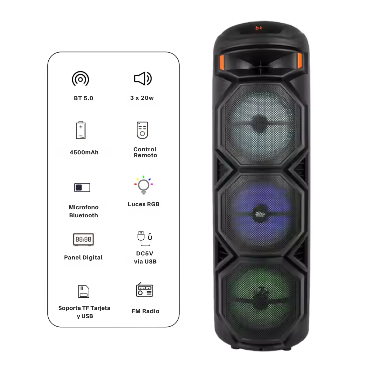 Parlante Karaoke  Bluetooth 8in x3 60W con Luces RGB