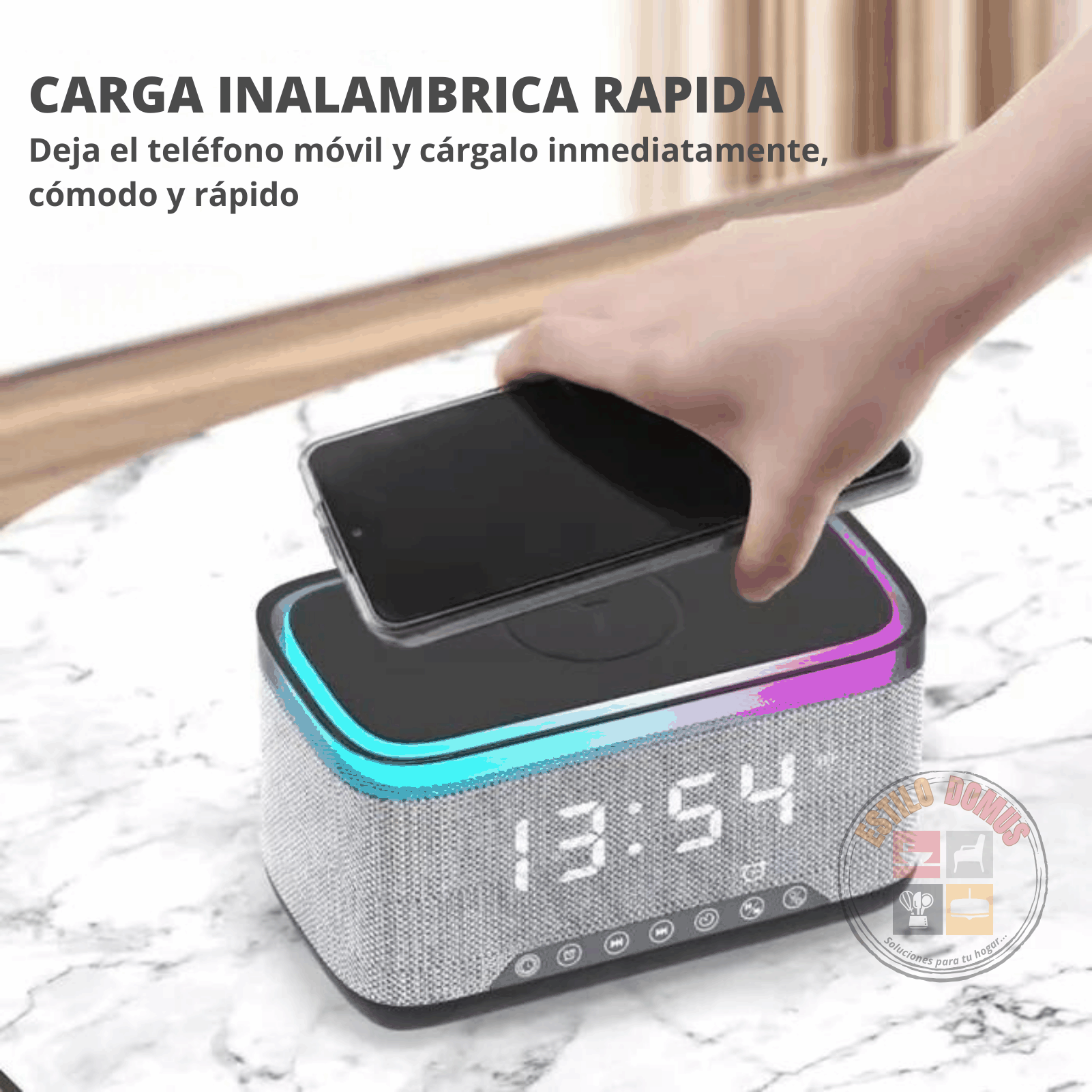Radio Reloj Cargador Inalambrico Luces RGB Escritorio mesa de noche sala de estar