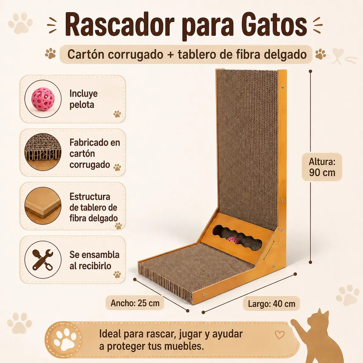 Rascador para Gatos en L 90cm con Juguete