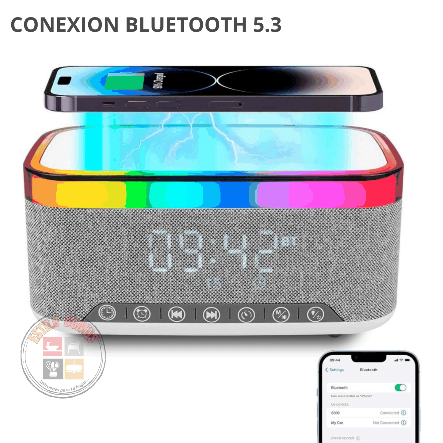 Radio Reloj Cargador Inalambrico Luces RGB Parlante Bluetooth Despertador Velador