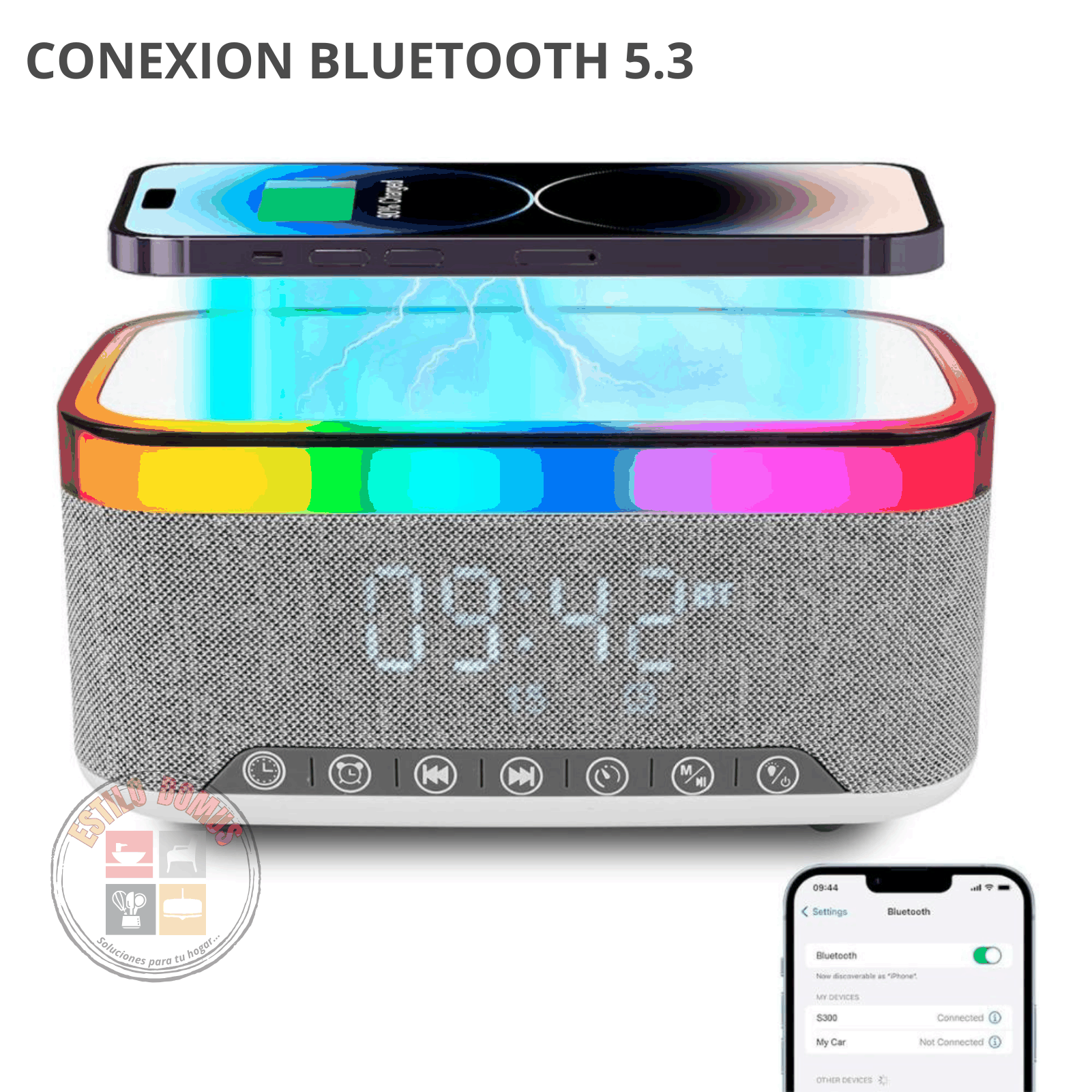Radio Reloj Cargador Inalambrico Luces RGB Parlante Bluetooth Despertador Velador