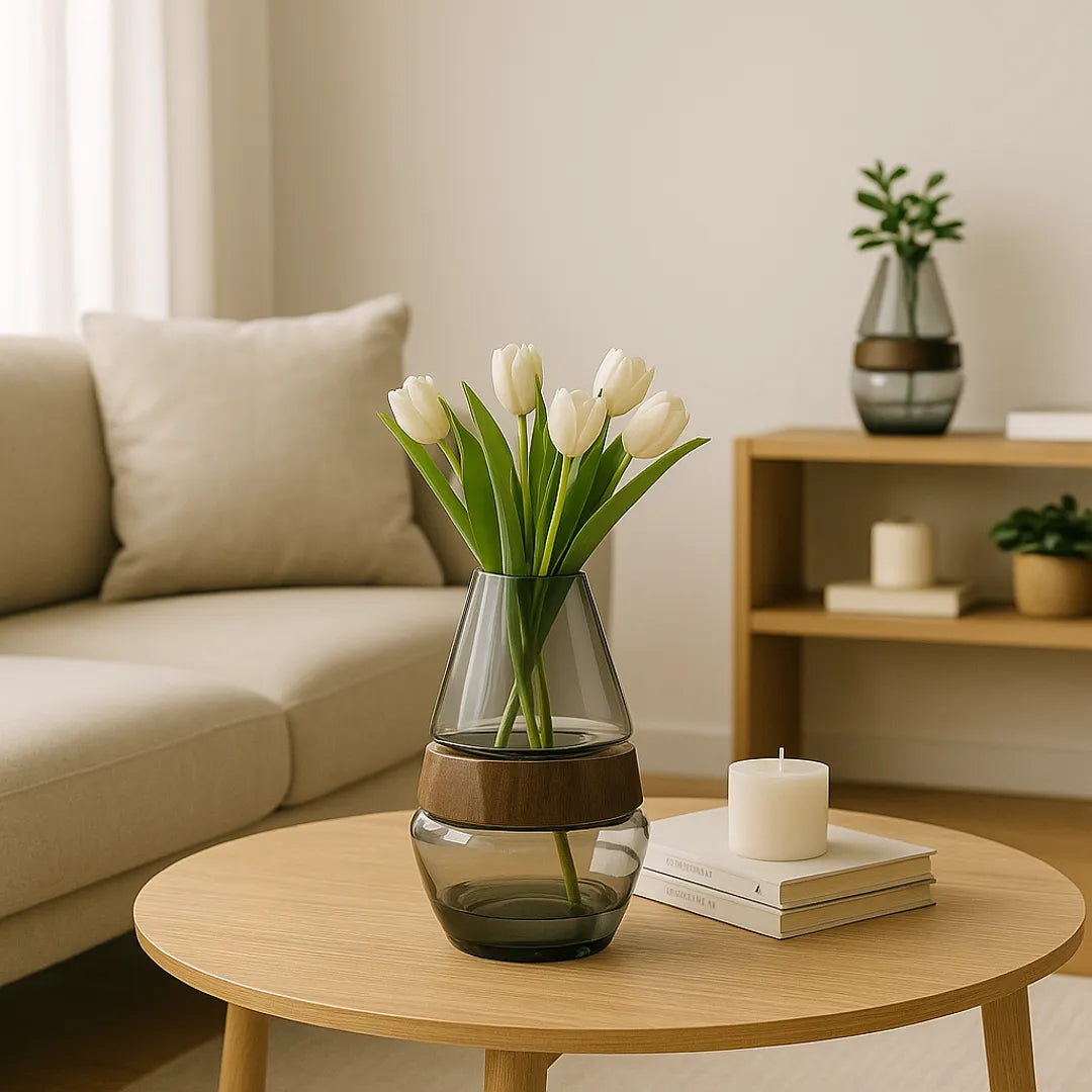 Floreros Decorativos de Vidrio y Madera Grande 30cm – Estilo Natural y Elegante para tu Hogar