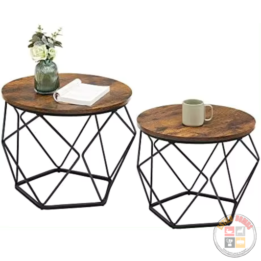 Set 2 Mesas Centro Decorativas Madera y Metal Hexagonal