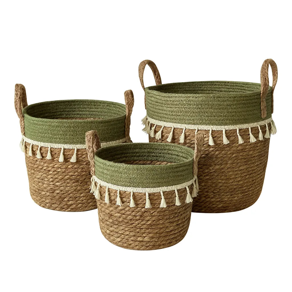 Set 3 Cestas Tejidas Fibra Natural para Plantas o Decoración