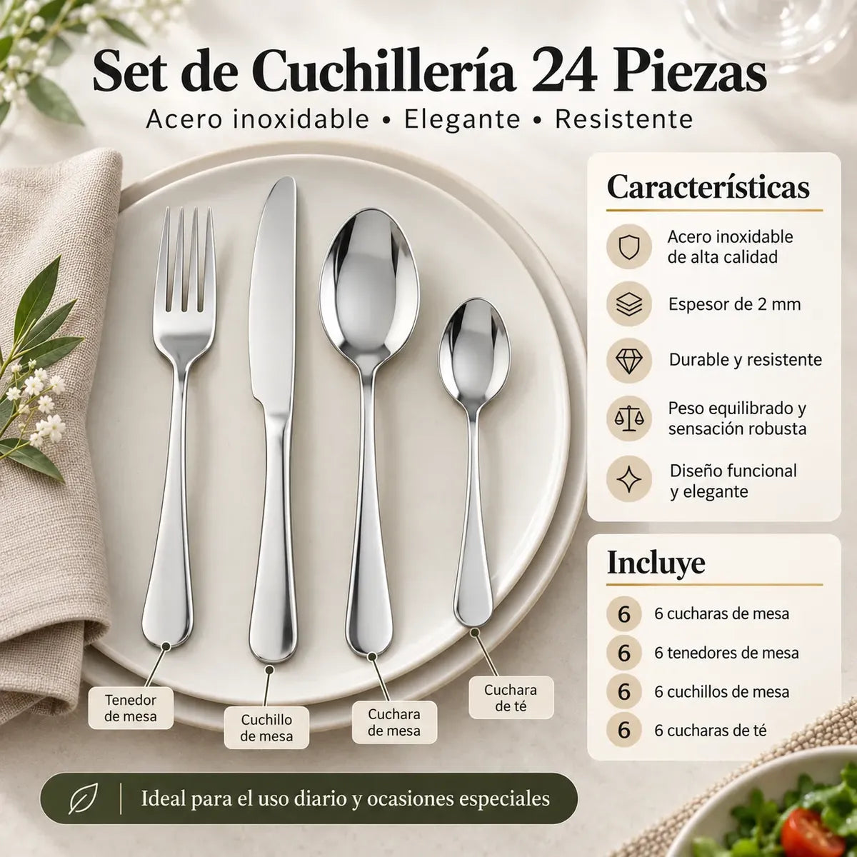 Set de Cuchillería 24 Piezas de Acero Inoxidable – Servicio para 6 Personas