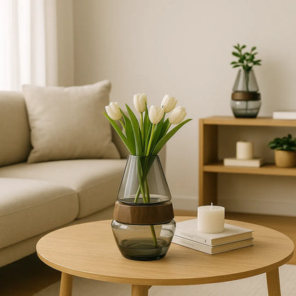 Floreros Decorativos de Vidrio y Madera Mediano – Estilo Natural y Elegante para tu Hogar