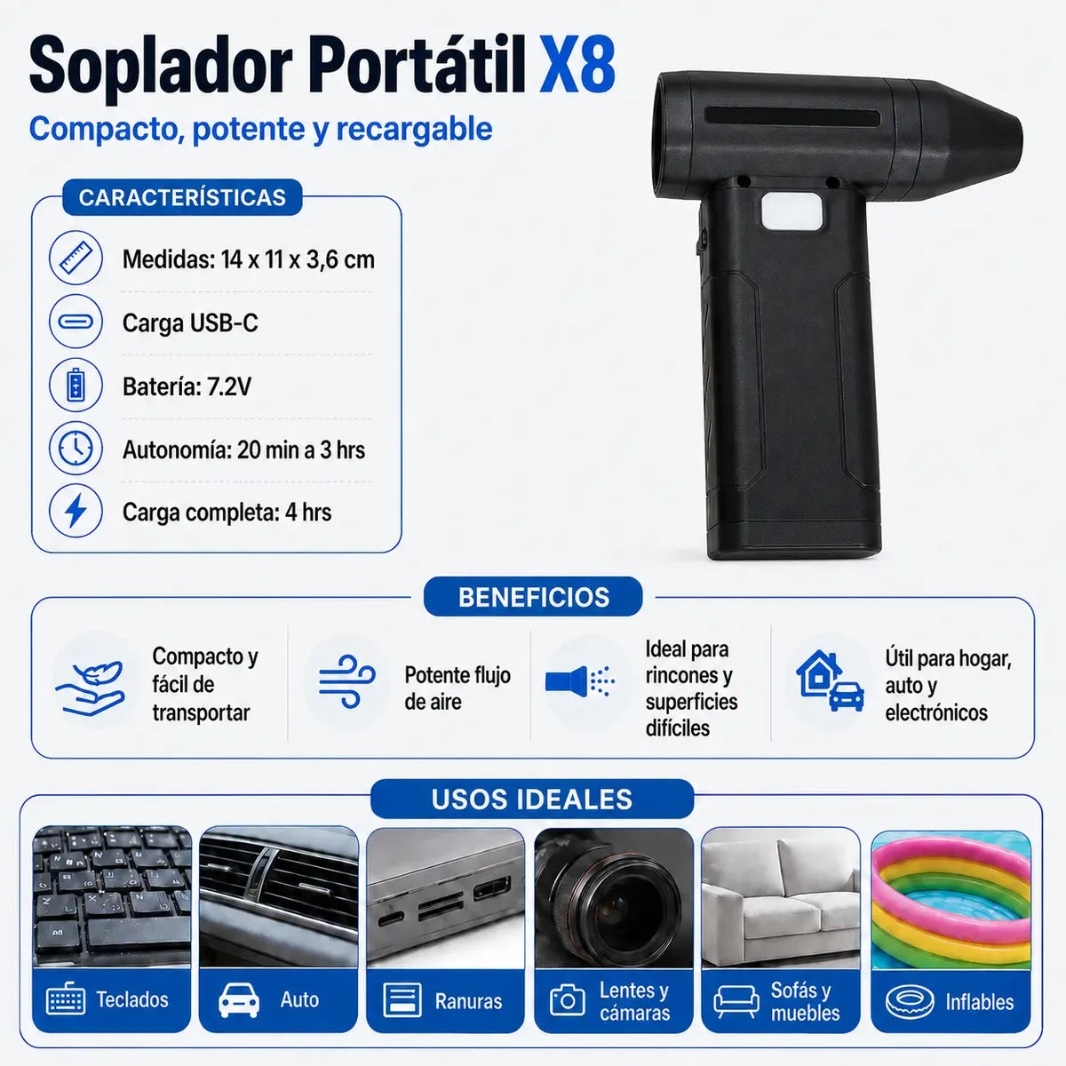 Soplador de aire USB portátil recargable – vista lateral