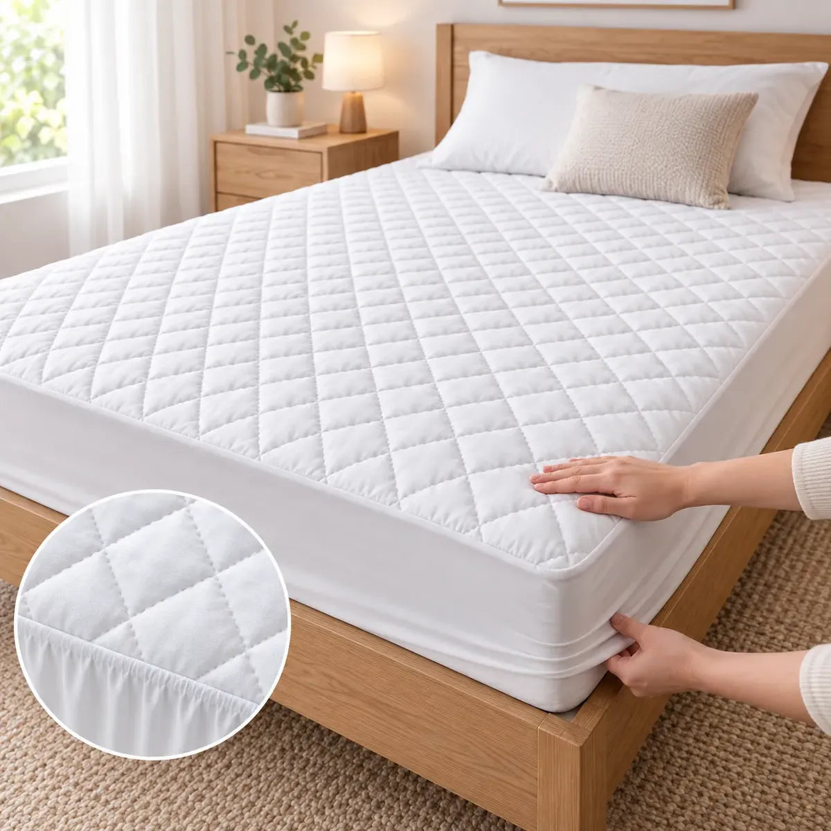 Protector de Colchón Impermeable 2 Plazas 150 x 200 cm con Faldón Ajustable Bambú